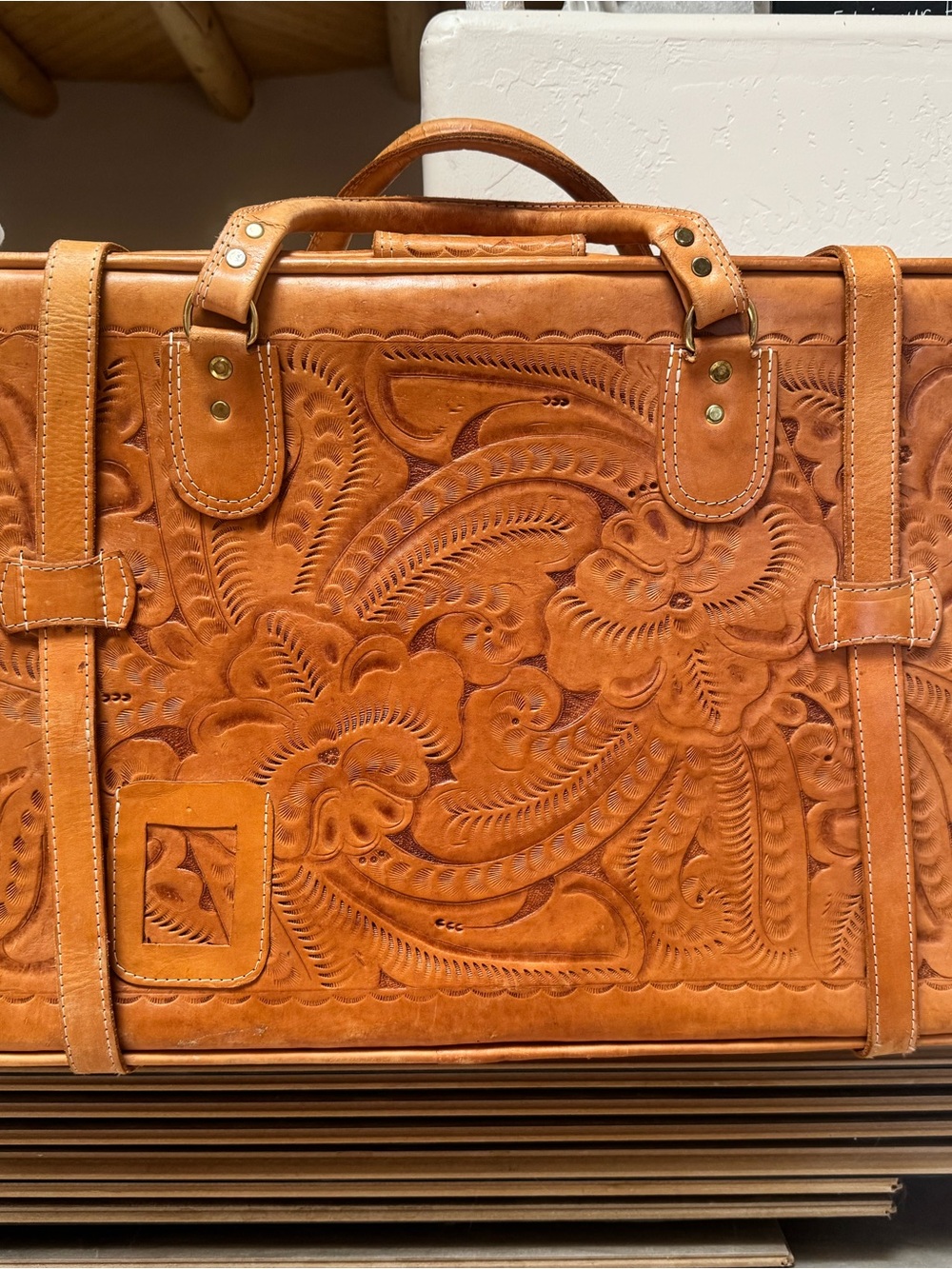 Embossed Tooled Leather Travel Bag in Tan